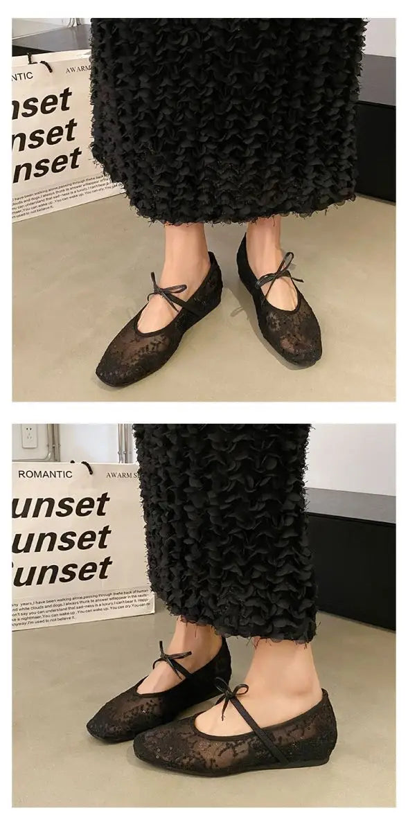 Top view of ballet flats with bow embellishment and square toe design on clean background