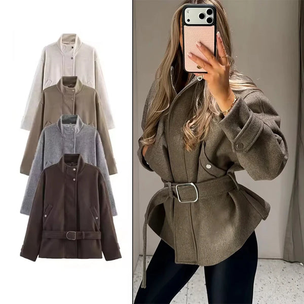 Belted Elegance Loose-Fit Autumn Jacket in neutral tone with turtleneck collar and sash belt