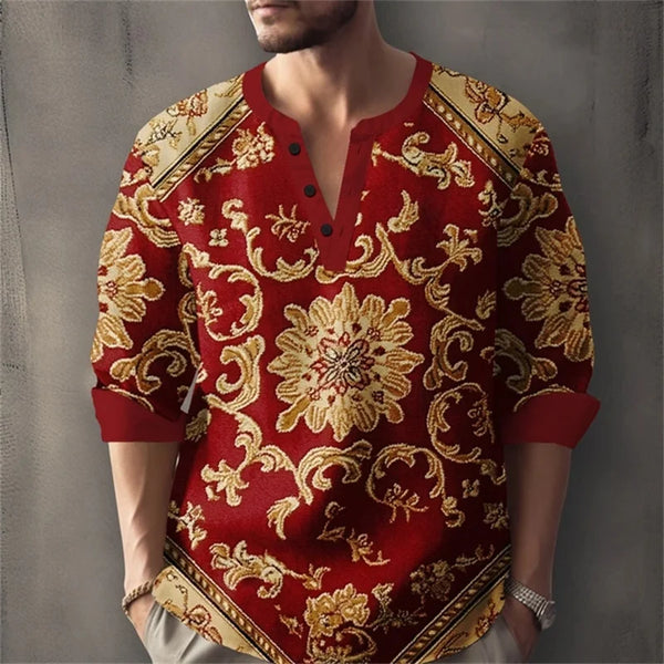 Versatile geometric henley shirt perfect for spring and autumn wear