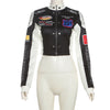 Chic PU leather Y2K motorcycle jacket for women, featuring trendy letter print and lightweight design for casual outings.