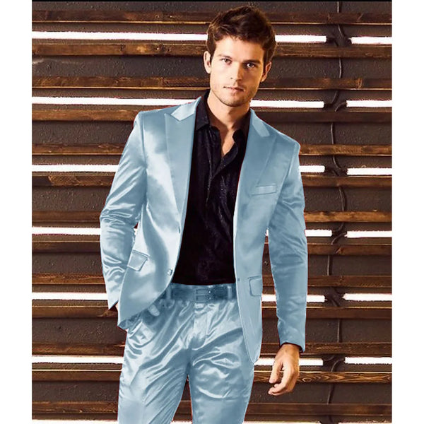 Men's satin suit displayed on a mannequin, highlighting its tailored fit and elegance.
