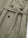 Premium polyester trench coat detail showing wrinkle-resistant fabric quality