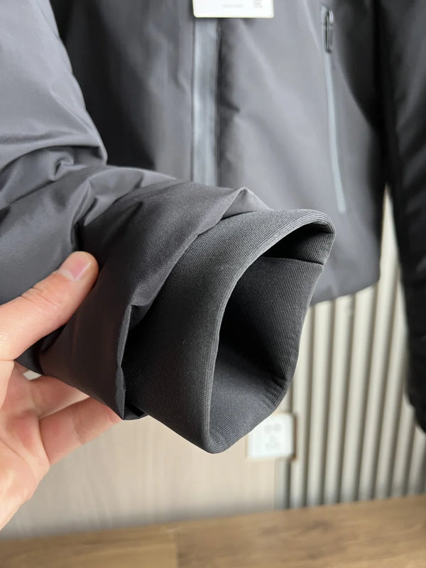 Regular-length windproof jacket with protective hood and polyester filling