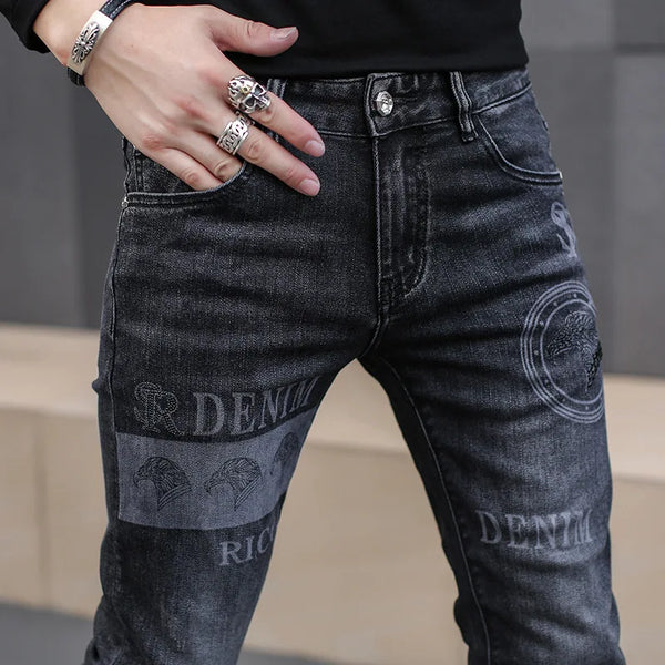 Midnight Rider Jeans in stonewashed denim with unique distressing and slim fit.