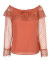 Off-shoulder lace frill hem blouse for women, featuring guipure lace and breathable polyester, perfect for casual outings.