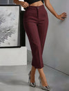 Side view of straight leg trousers showing clean lines and medium stretch fabric drape