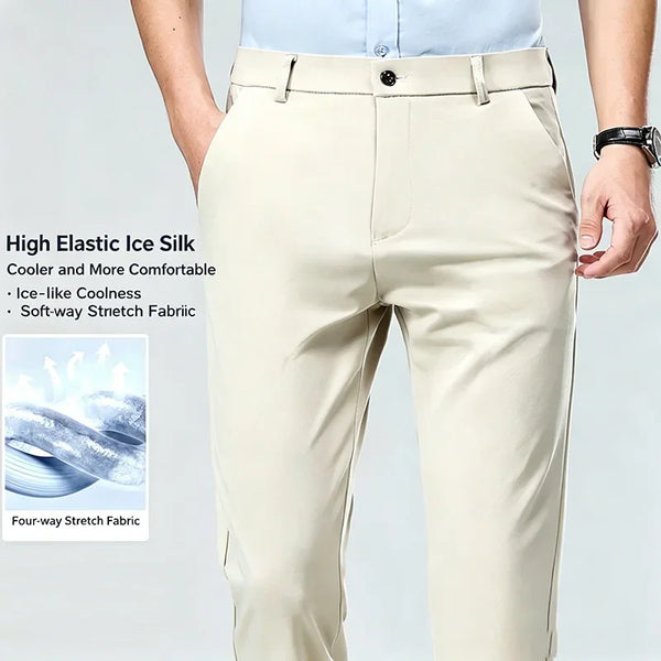 Breathable stretch dress pants showing recovery and shape retention after movement