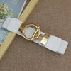 Chic elastic waist belt with round metal buckle, stylish PU leather accessory for women, perfect for casual and formal outfit