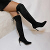 Thigh-high suede boots with thin high heels and adjustable lace-up closure for customized fit