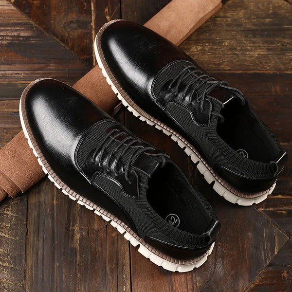 Side view of brown leather lace-up shoes with non-slip rubber outsole.