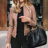 Chic slim fit faux leather moto jacket for women, perfect for autumn and winter, featuring a sleek zipper closure and tailore