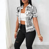 Chic Newspaper Print Blouse featuring a V-neck, short sleeves, and single-breasted front for stylish summer wear.