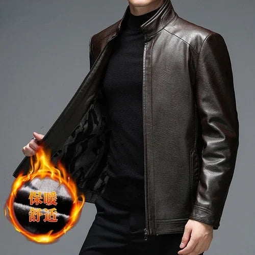 Classic goatskin leather jacket for men, lightweight, stylish, with stand collar and zipper, perfect for spring and autumn.
