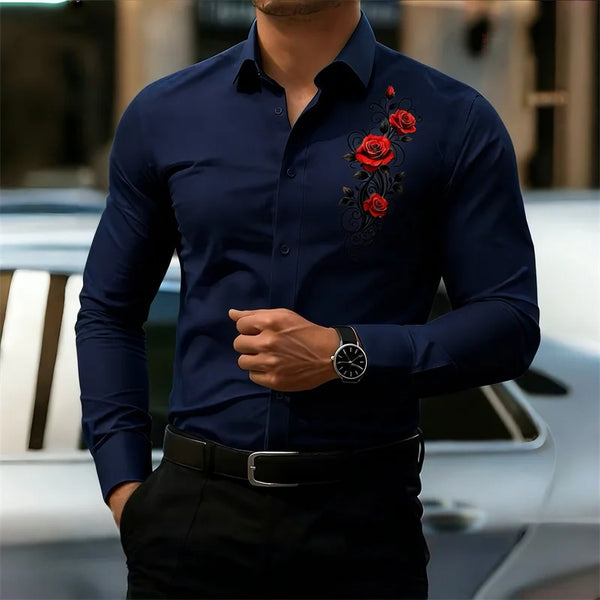 Casual floral print shirt with eye-catching red roses and classic collar