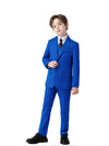 Boys' colorful slim fit suit set on a hanger, showcasing the full outfit.