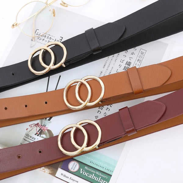 Chic double ring PU leather belt for women in classic black, perfect for jeans and dresses, stylish and adjustable accessory.