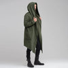 Men's hooded fleece-lined winter trench coat in black, featuring a mandarin collar and open stitch closure for easy layering.