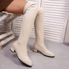 Chic over-the-knee women's winter boots with flannel upper, pointed toe, and square heel for stylish cold weather wear.