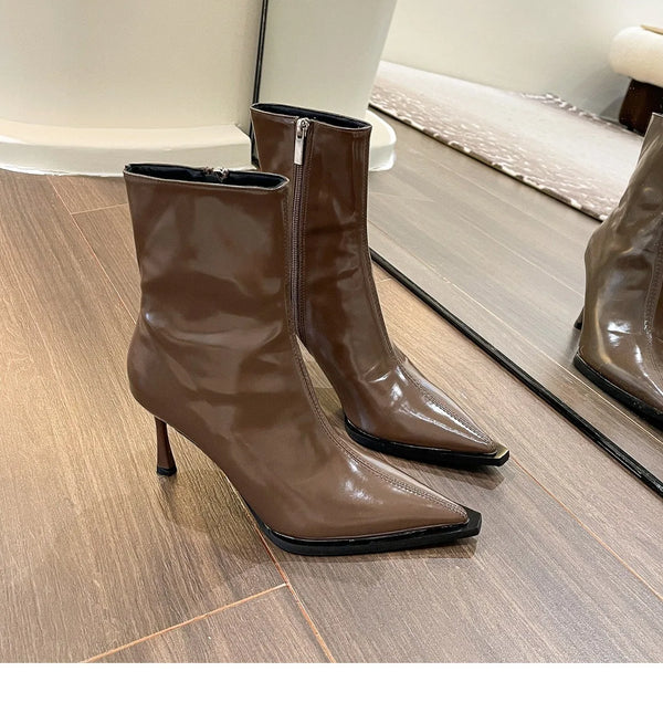 Chic women's ankle boots with zipper, high heel, pointed toe, perfect for autumn and winter fashion, stylish and comfortable.