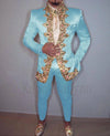 Italian Style Slim Fit Men's Wedding Suit Set with jacket, pants, and belt, perfect for weddings and formal events.