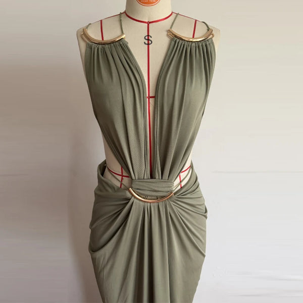Formal halter neck dress with open back and strategic side cutout accents