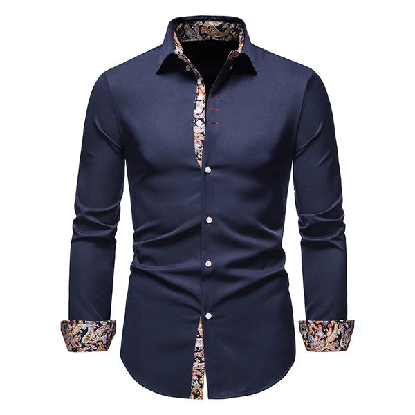 Classic men's white long sleeve polo shirt with stand collar, single-breasted closure, perfect for business casual and all se