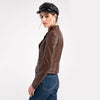 Women's slim fit PU leather motorcycle jacket in black, windproof, stylish, perfect for spring and autumn rides.