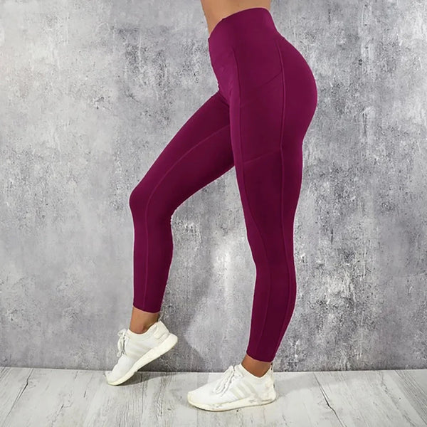 Flexible workout wear: high waist leggings with pocket in burgundy.