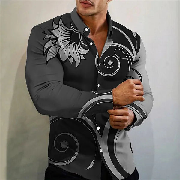 Stylish men's casual silk blend shirt in slim fit with 3D print, turn-down collar, perfect for office and casual wear.