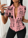 Chic Newspaper Print Blouse in V-neck style, perfect for casual or office wear, made from breathable polyester.