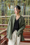 Women's stand collar coat in natural cotton linen for comfortable all-day wear