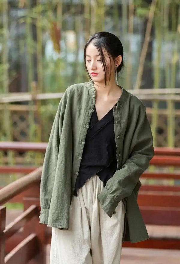 Women's stand collar coat in natural cotton linen for comfortable all-day wear