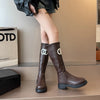 Chic women's knee-high boots with thick sole, stylish PU upper, and rounded toe for winter elegance and comfort.