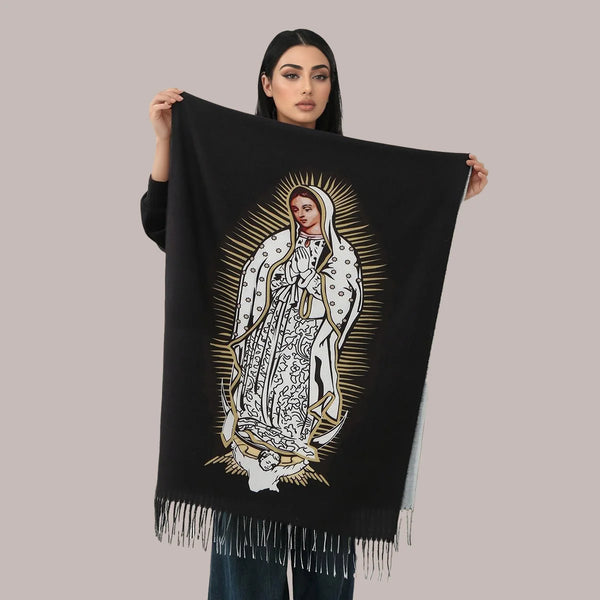 Warm polyester scarf with tassels, showcasing the beloved Virgin Mary for a touch of grace.