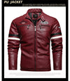 Stylish Men's PU Leather Biker Jacket in red, black, and dark blue with embroidery, perfect for winter and casual outings.