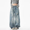 Trendy washed and ripped wide-leg women's jeans with distressed finish, mid-rise fit, and comfortable cotton-spandex blend.