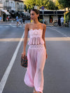 Elegant lace two-piece set with wide-leg trousers in white for formal occasions