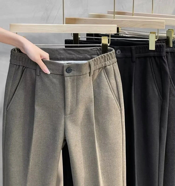 Refined Warmth Woolen Straight-Leg Trousers in classic neutral color
