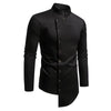 Vintage-style men's casual dress shirt with stand collar, irregular hem, and solid pattern for versatile wear.