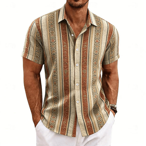 Color block striped casual shirt in lightweight polyester with classic lapel pocket detail