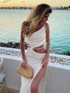 Effortless maxi dress with diagonal neckline and customizable drawstring waist