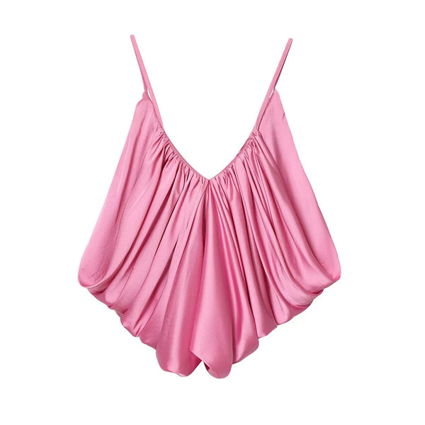 Statement satin top with elegant pleating and backless detail