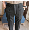 Men's slim fit dress pants in British style with elastic waist, perfect for casual or formal occasions, made from polyester b