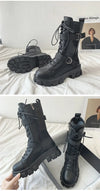 Chic mid-calf motorcycle boots for women in stylish PU leather with lace-up closure and non-slip rubber outsole for winter we