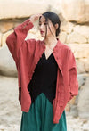 Breathable women's coat with stand collar in natural cotton-linen fabric