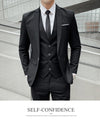 Elegant men's 3-piece suit in slim fit, perfect for business and weddings, featuring blazer, vest, and pants in polyester ble