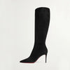 Brown stiletto boots with a luxurious microfiber construction.