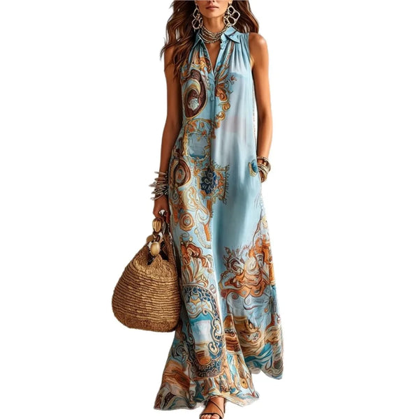 Vintage lapel vest dress with flowing floor-length hem and breathable polyester construction