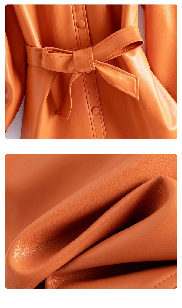 Chic women's sheepskin leather jacket with turn-down collar, lace-up belt, and adjustable waist for a stylish fit.