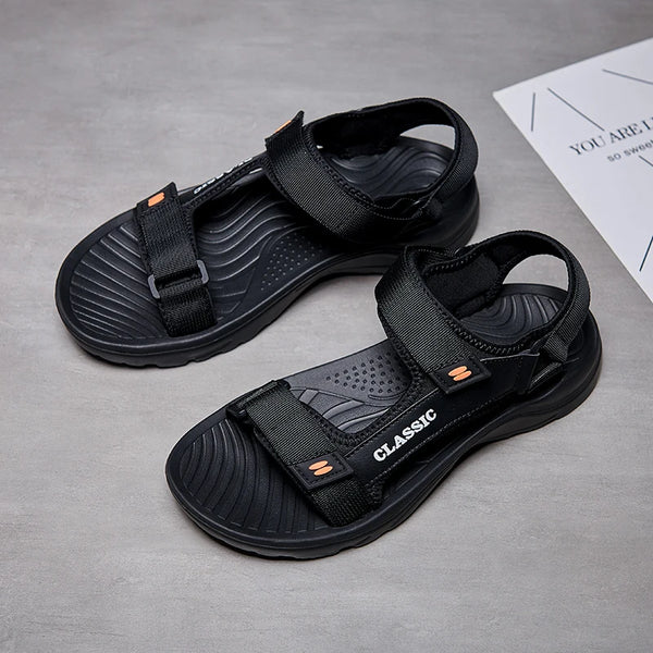 Adjustable strap sandals in black with cloud-like cushioning for all-day wear